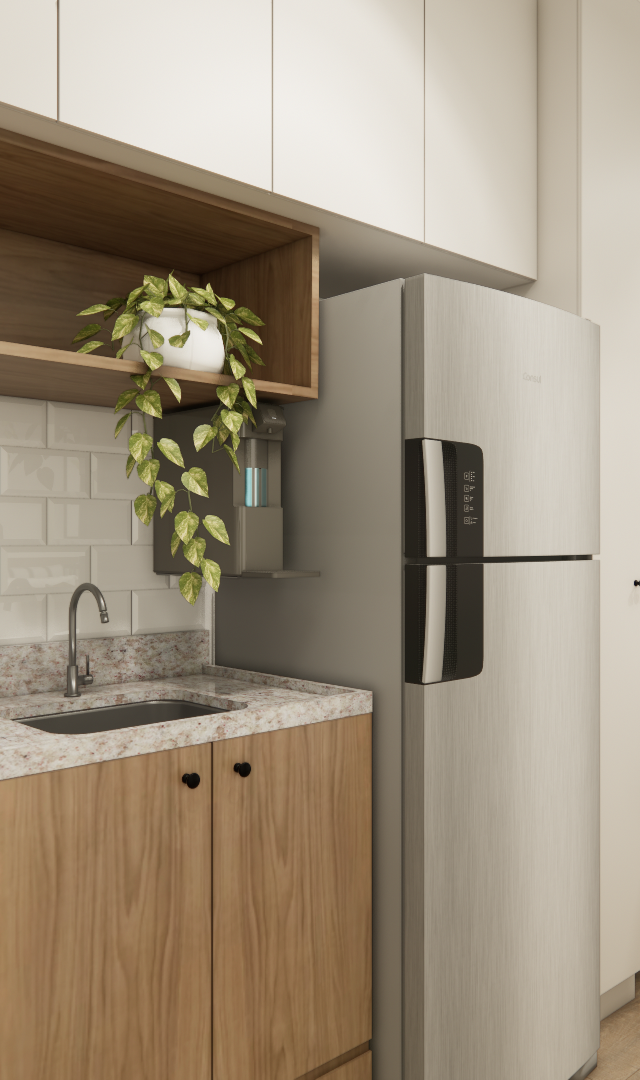 Render 3D de cozinha compacta com marcenaria amadeirada, bancada em granito claro, subway tiles e eletros em inox