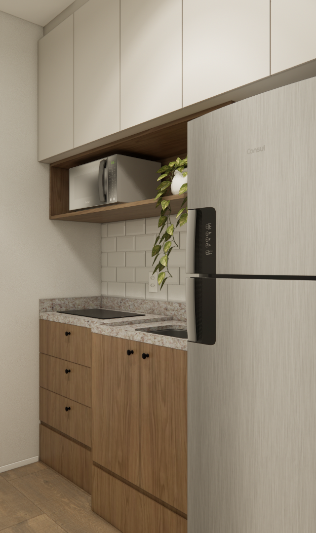 Render 3D de cozinha compacta com marcenaria amadeirada, armários claros, geladeira inox, bancada em pedra e subway tile