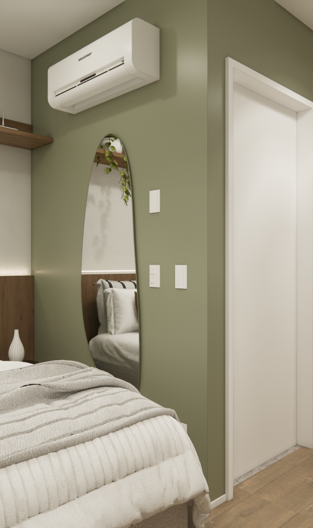 Render 3D de quarto compacto com parede verde, cama de casal, espelho orgânico, prateleira de madeira e iluminação suave