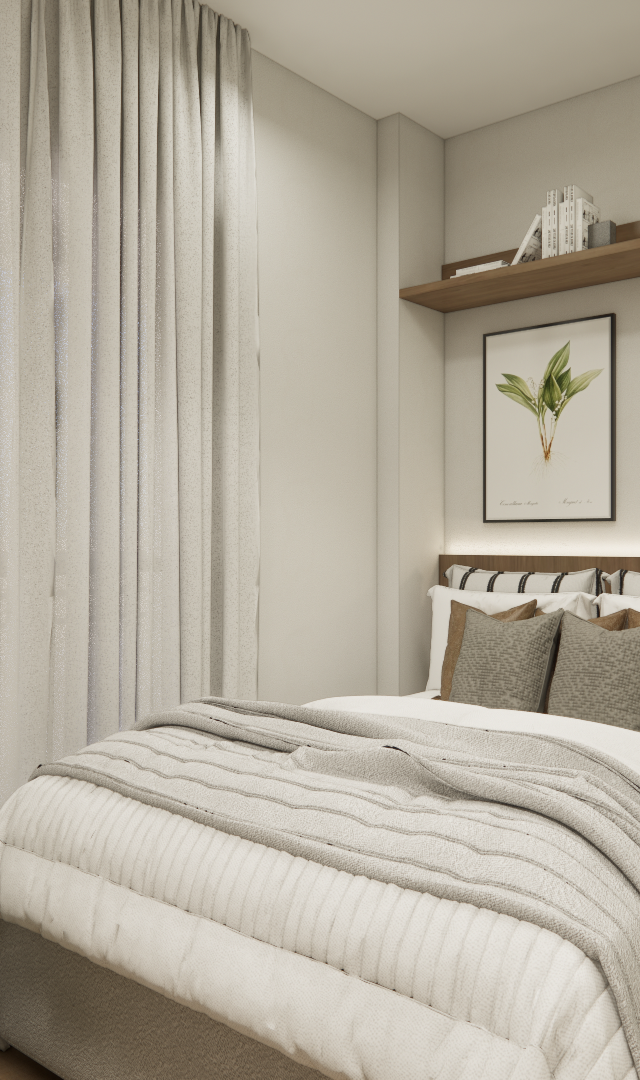 Render 3D de quarto pequeno com cama, cabeceira amadeirada, prateleira com decoração, cortina clara e tons neutros