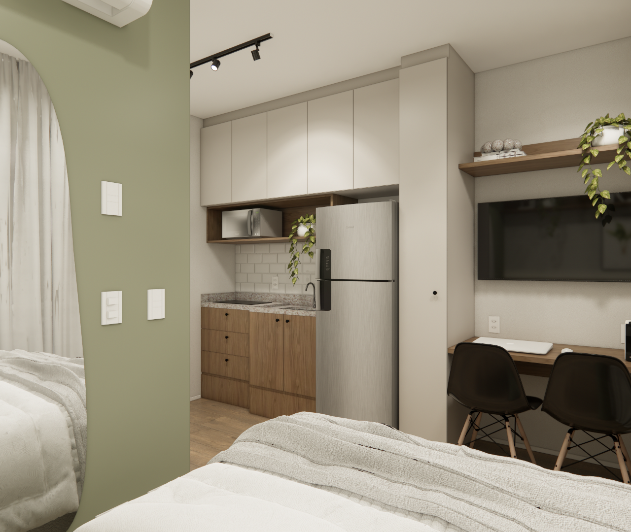 Render 3D de estúdio de 22 m² com parede verde, cozinha integrada em madeira, bancada, TV e espelho orgânico iluminado