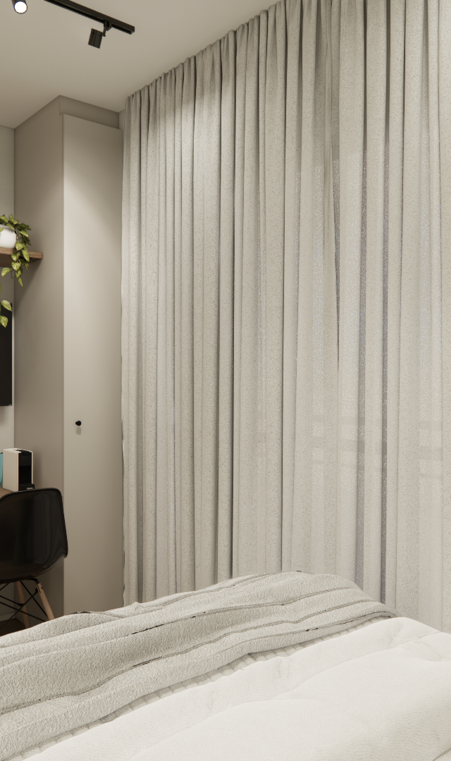 Render 3D de quarto pequeno com tons claros, marcenaria em madeira, mesa de estudo, TV, cortina e cama com almofadas
