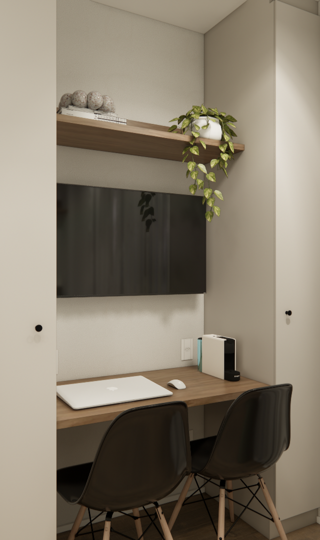Render 3D de estúdio com marcenaria bege e madeira, bancada de trabalho, TV, duas cadeiras pretas e geladeira inox
