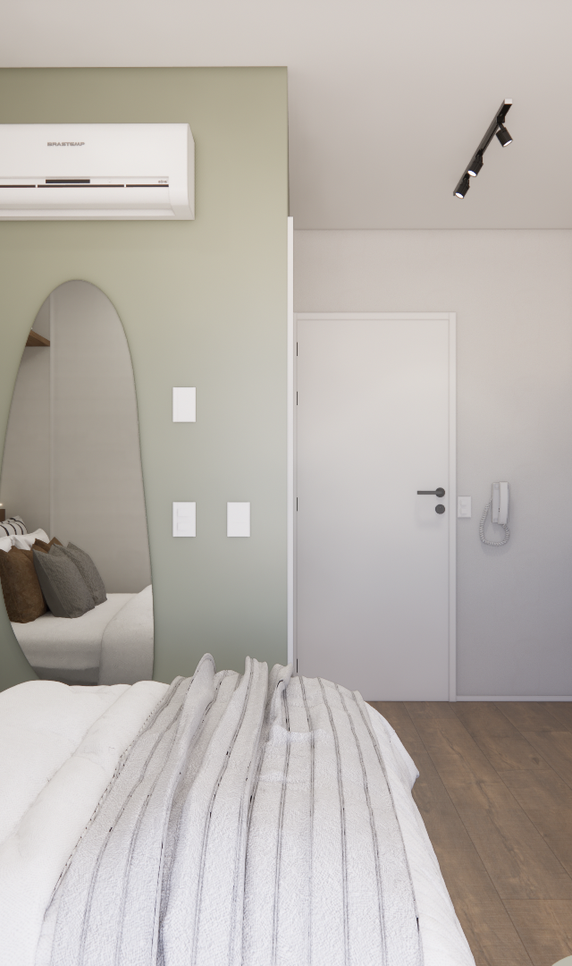 Render 3D de estúdio de 22m² com parede verde, cama, espelho orgânico, cozinha compacta em madeira e tons neutros
