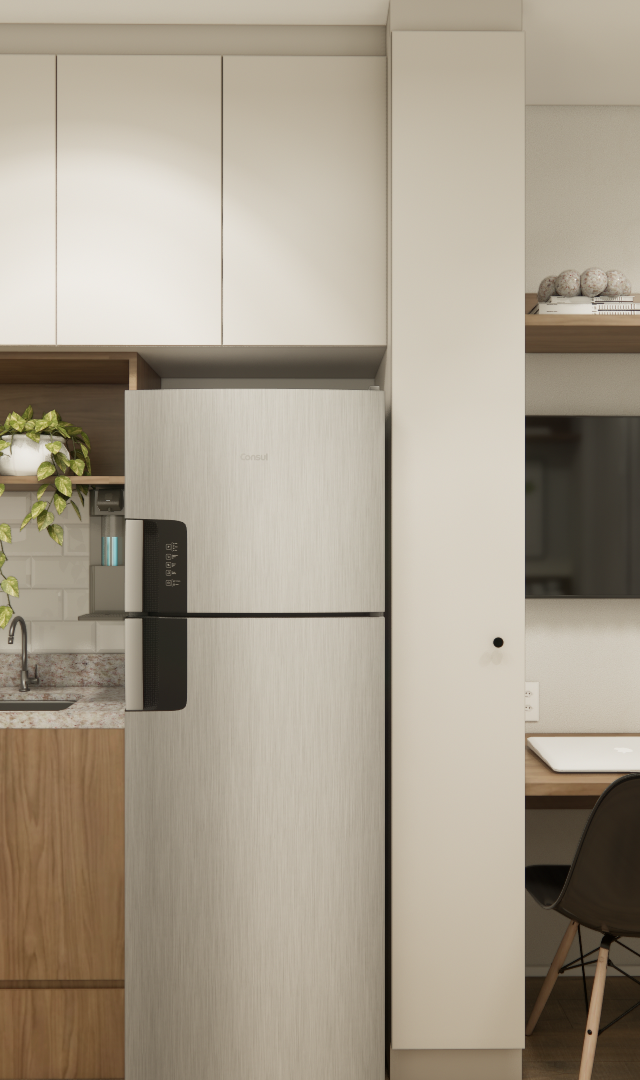 Render 3D de cozinha compacta com marcenaria amadeirada, armários beges, bancada de granito, geladeira e área de home office