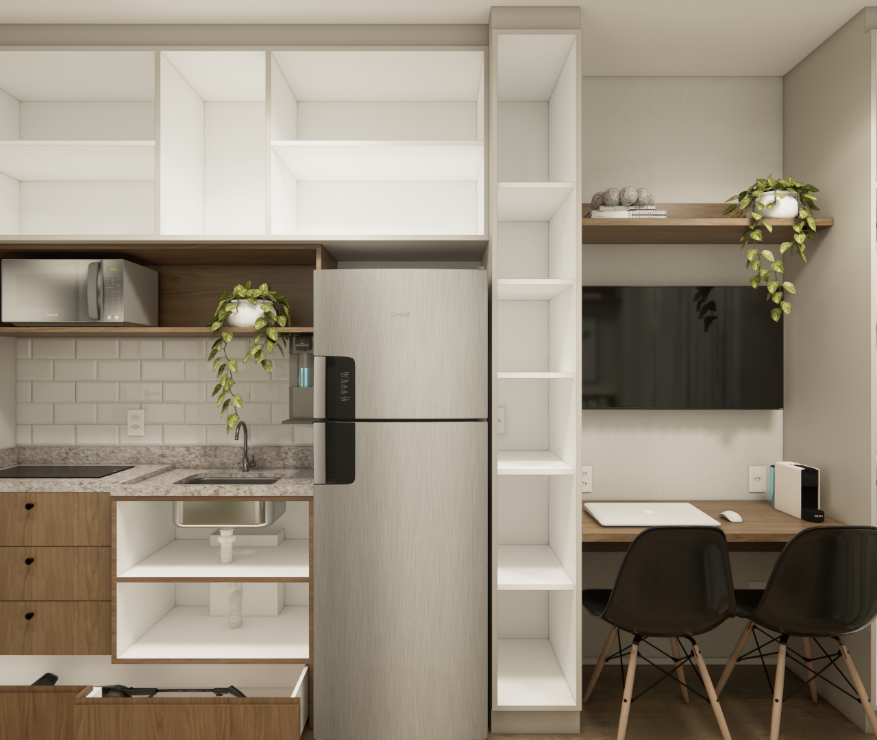 Render 3D de cozinha compacta e home office em tons de madeira e branco com marcenaria planejada, bancada e eletrodomésticos