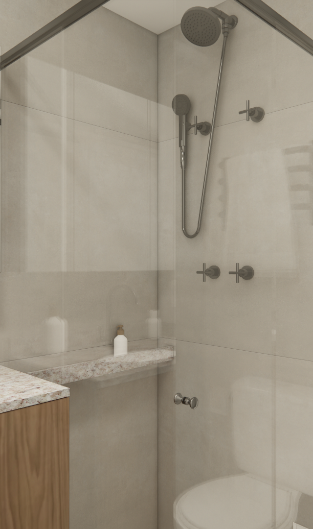 Render 3D de banheiro compacto com móvel amadeirado, bancada em granito claro, metais pretos e box de vidro em tons neutros