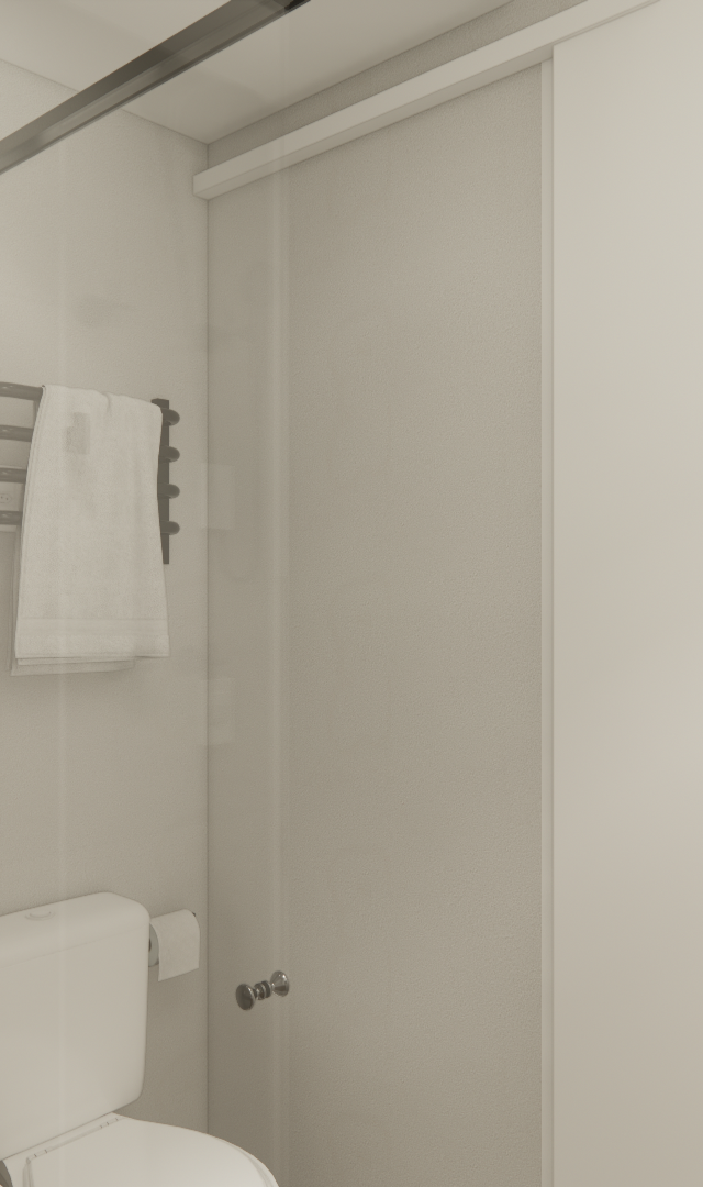 Render 3D de banheiro compacto com tons claros, metais escuros, box de vidro, vaso sanitário e marcenaria minimalista