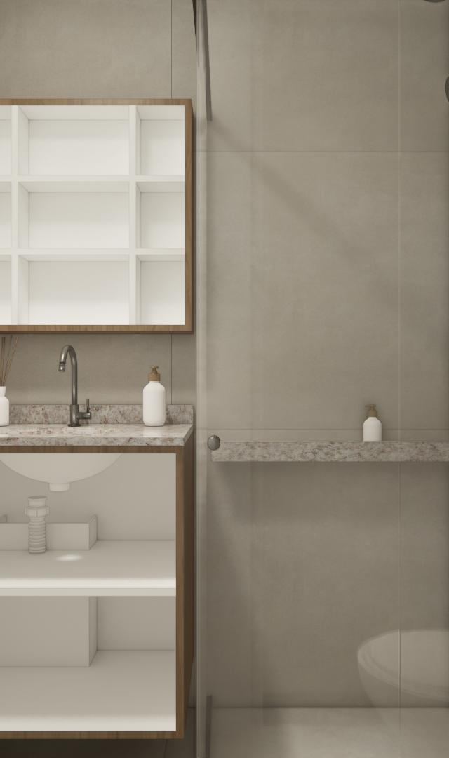 Render 3D de banheiro compacto com marcenaria em madeira e branco, metais pretos, porcelanato cinza e box de vidro