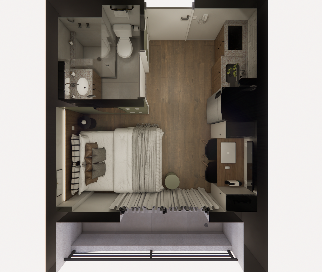 Planta 3D aérea de estúdio de 22m² com piso amadeirado, cama de casal, cozinha linear, banheiro compacto e tons neutros