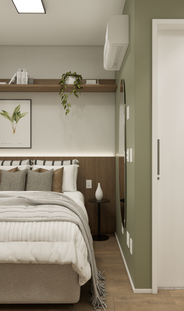 Render 3D de quarto pequeno com cama, parede verde, cabeceira de madeira, prateleira decorativa e iluminação indireta