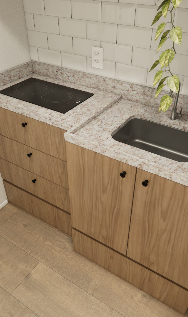 Render 3D de cozinha compacta com marcenaria em madeira, bancada de granito, cooktop, cuba inox e azulejos metrô brancos