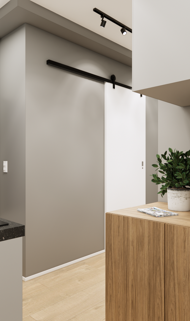 Render 3D de cozinha compacta em tons de cinza e madeira, com marcenaria planejada, bancada preta e iluminação por trilho