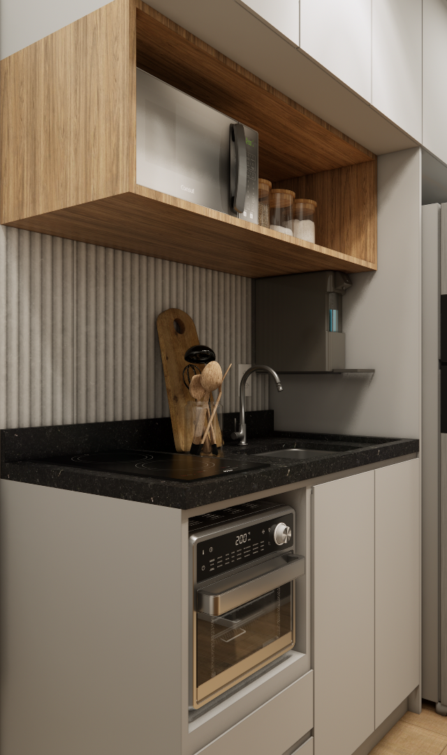 Render 3D de cozinha compacta com marcenaria em tons de cinza e amadeirado, bancada preta, eletrodomésticos e luz natural
