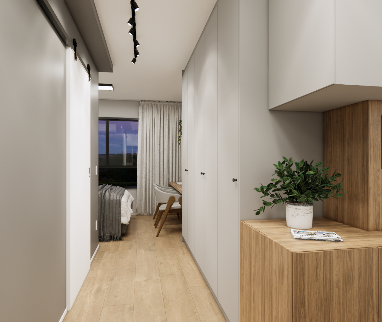 Render 3D de estúdio com marcenaria em tons de madeira e cinza, iluminação por trilhos e piso amadeirado em Indianópolis