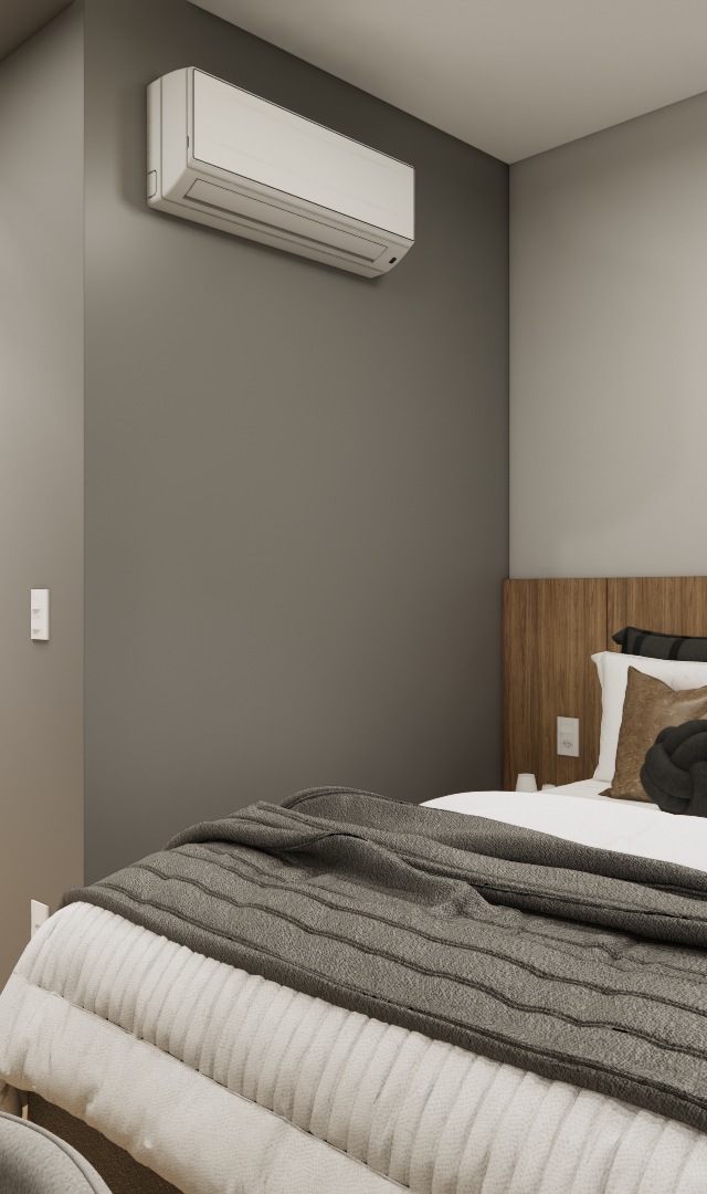 Render 3D de estúdio com cozinha compacta, marcenaria cinza e amadeirada, iluminação em trilhos e tons neutros de cinza