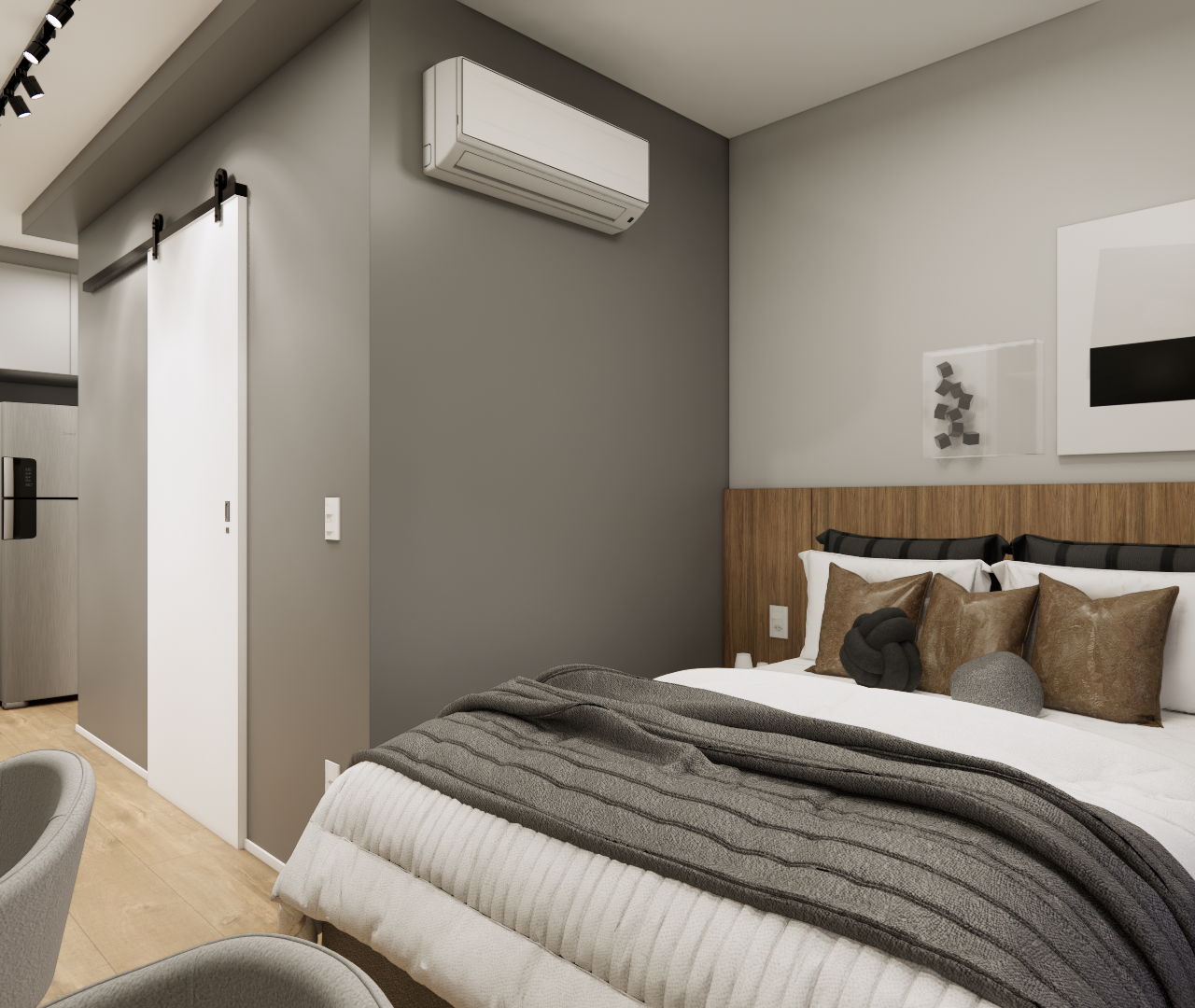 Perspectiva 3D do dormitório integrado à cozinha, com cama de roupa cinza, cabeceira amadeirada e televisão na parede.