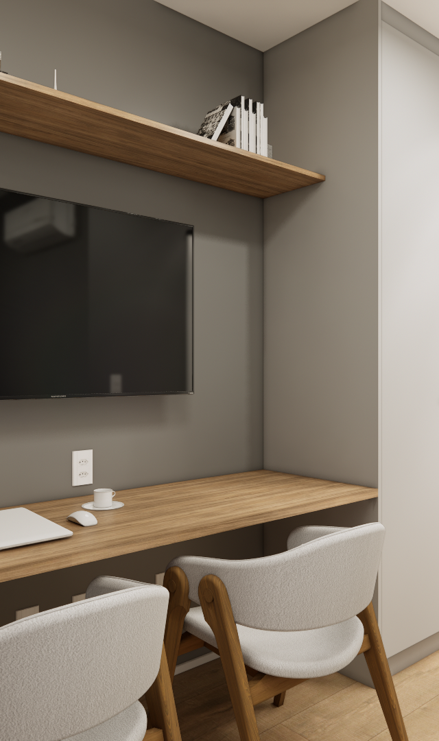 Render 3D de estúdio com bancada de madeira, TV, armários brancos e cozinha compacta em tons neutros e iluminação de trilho