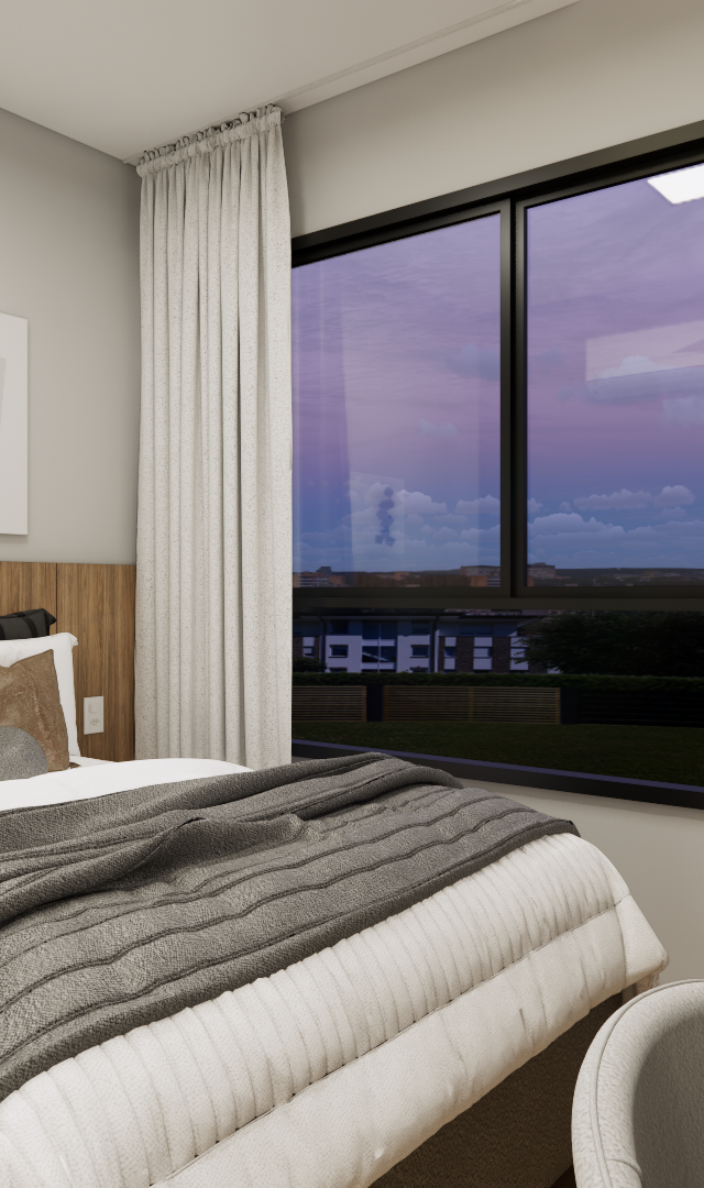 Render 3D de quarto em studio com cama, painel em madeira, mesa com cadeiras, cortinas brancas e vista externa ao crepúsculo