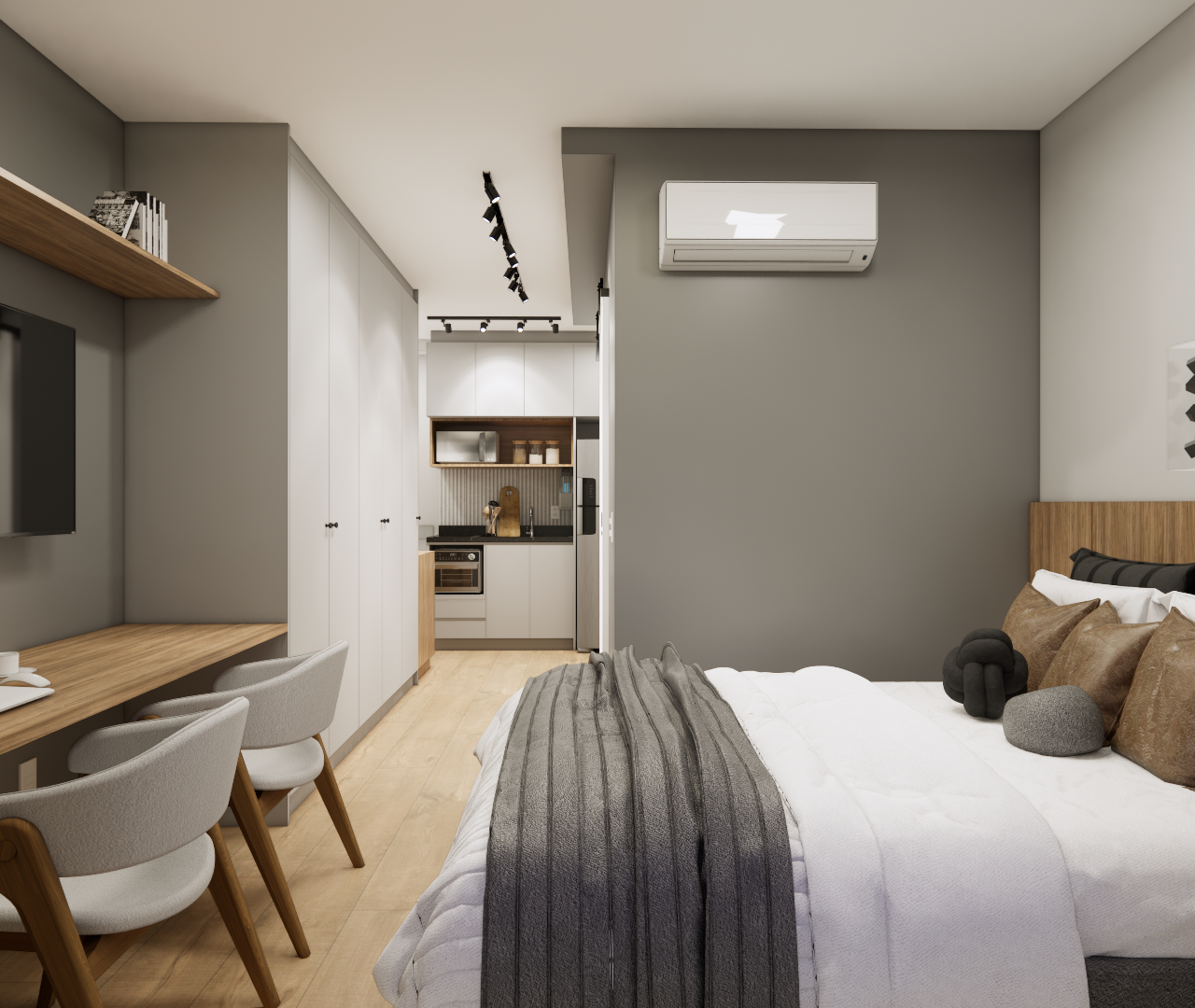 Render 3D de estúdio com 26m², tons cinza e madeira, cama de casal, bancada de trabalho, cozinha ao fundo e iluminação spot