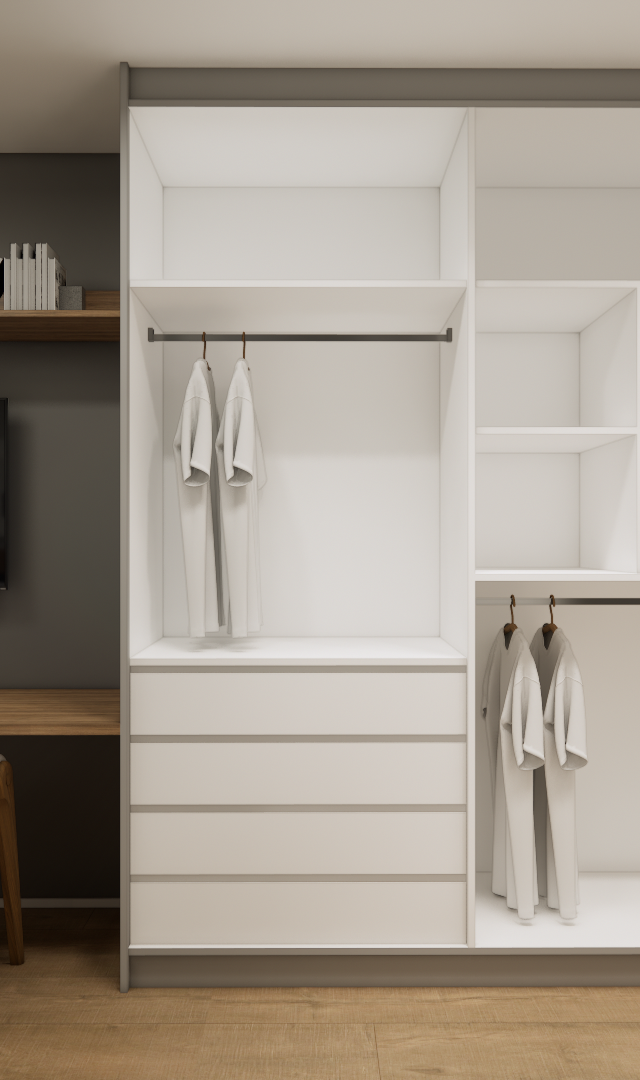 Render 3D de quarto pequeno com armário branco, bancada de madeira, cadeiras cinzas, parede cinza e nichos organizadores