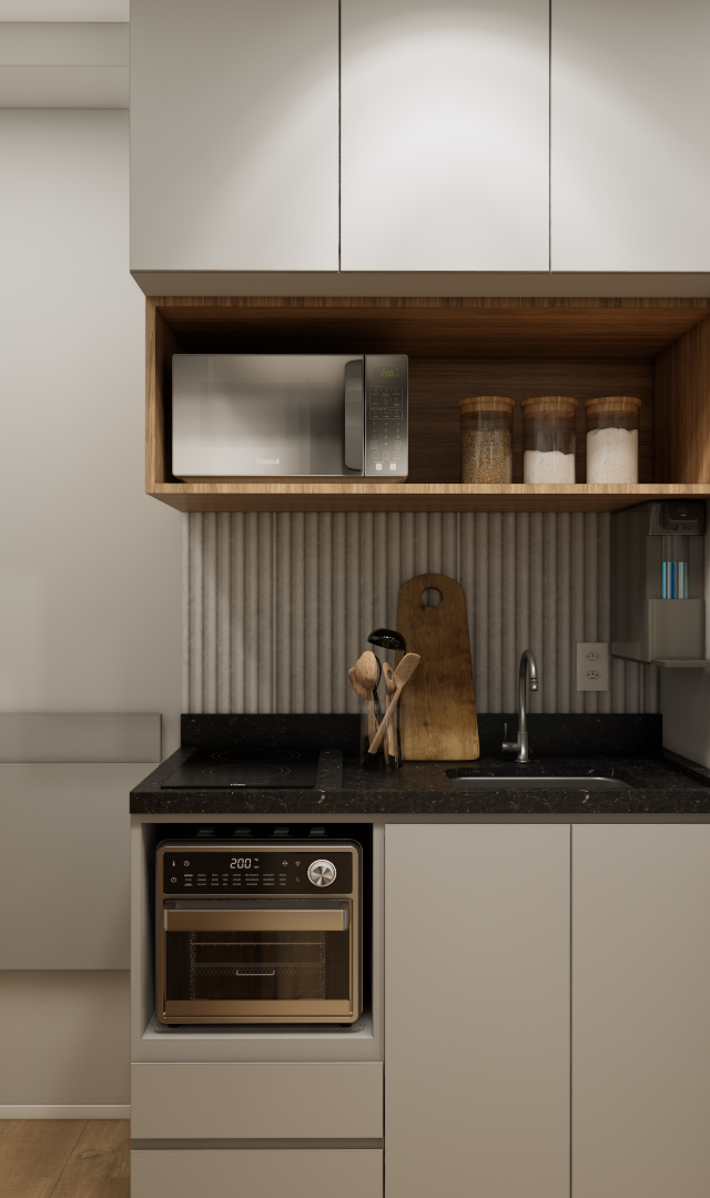 Render 3D de cozinha compacta, marcenaria cinza e amadeirada, bancada preta, eletrodomésticos em inox e iluminação suave