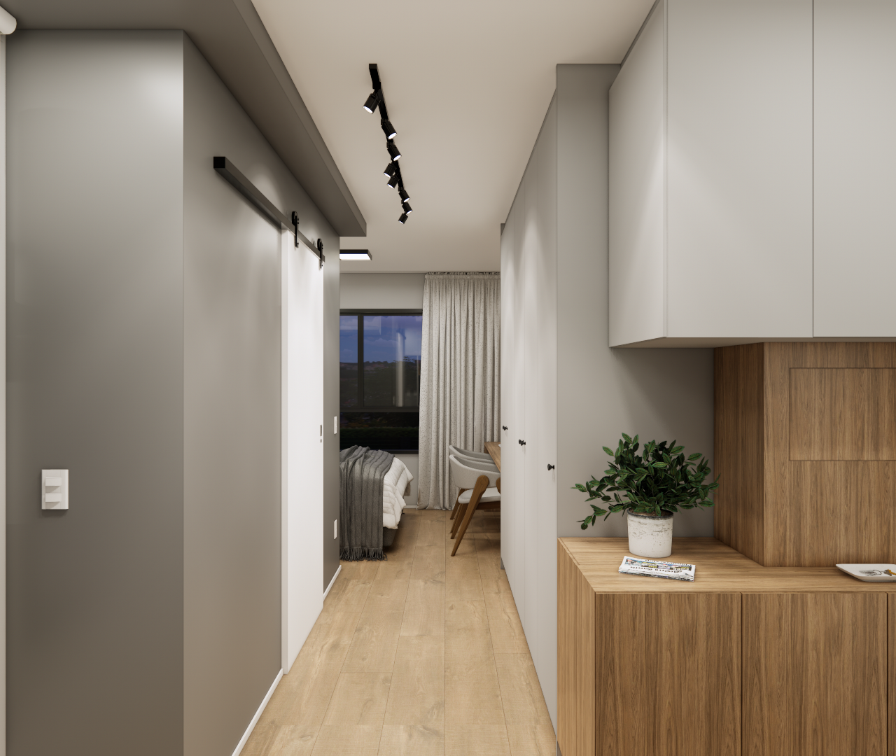 Render 3D de studio com móveis de marcenaria em madeira e cinza, piso amadeirado, porta de correr e iluminação em trilhos