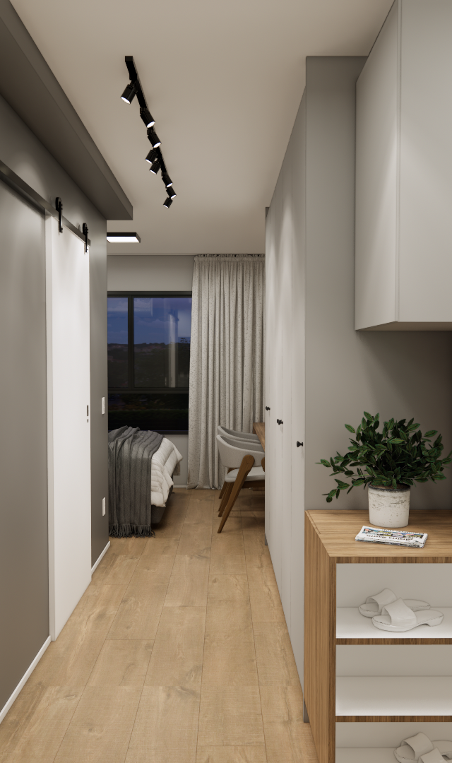 Render 3D do corredor de studio com marcenaria em madeira e branco, piso amadeirado, porta de correr e iluminação em trilho