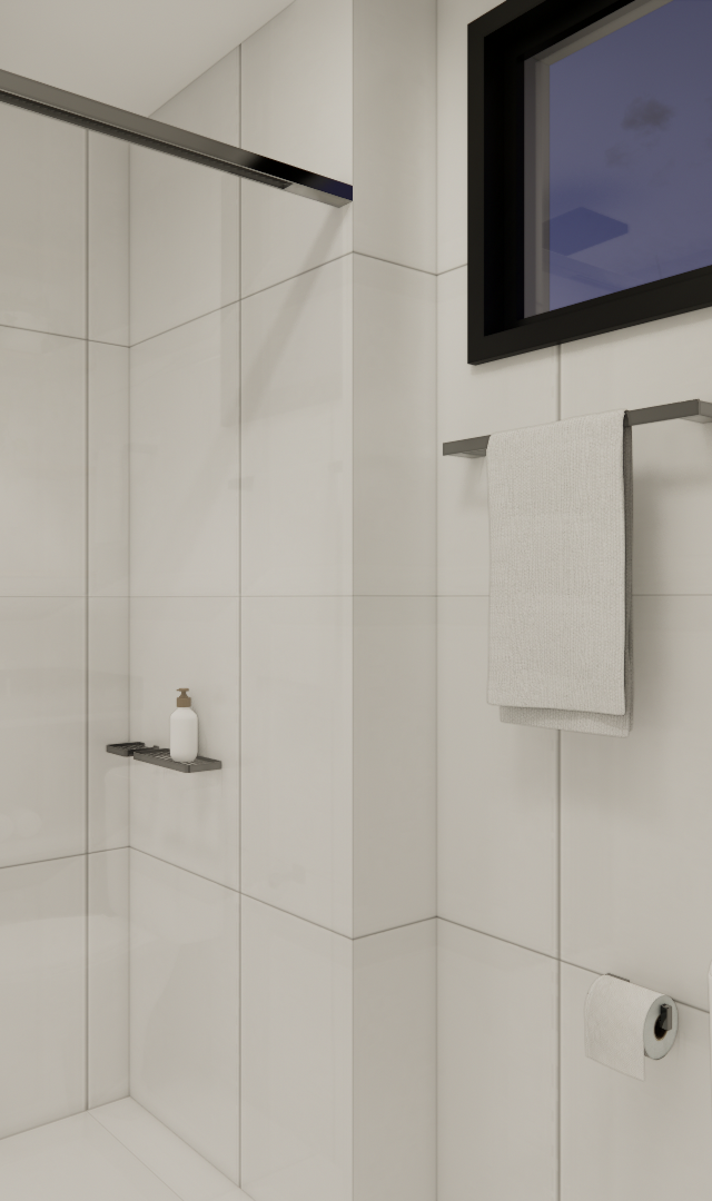 Render 3D de banheiro moderno com revestimento branco, metais pretos, box de vidro e bancada em granito escuro