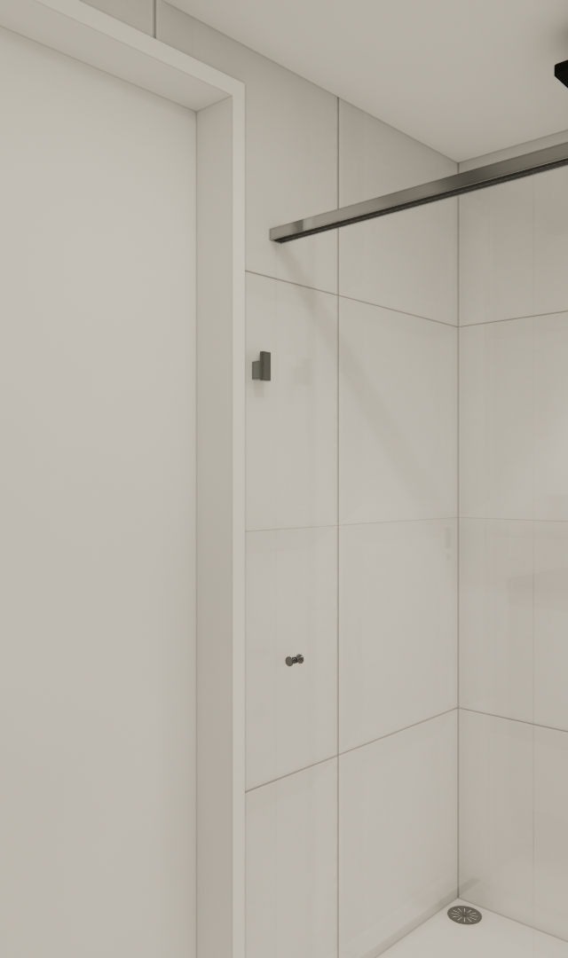 Render 3D de banheiro compacto com revestimento branco, metais pretos, box de vidro e bancada em pedra preta