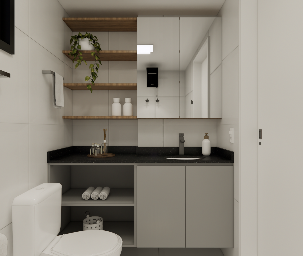 Render 3D de banheiro compacto com bancada preta, marcenaria cinza, prateleiras de madeira e espelheira sobre o lavatório