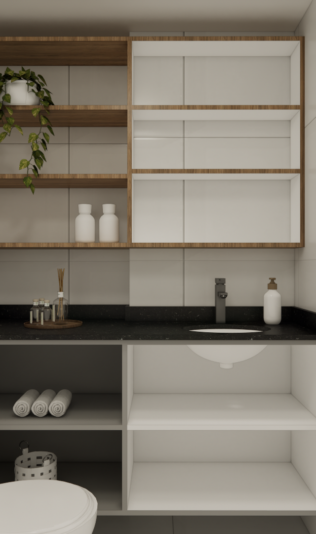 Render 3D de banheiro compacto com bancada preta, marcenaria planejada branca e amadeirada, nichos e iluminação neutra