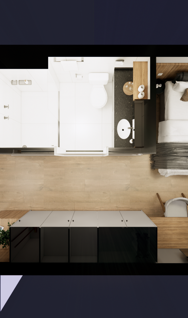 Planta baixa 3D de estúdio de 26m² com marcenaria em madeira e branco, piso amadeirado, cozinha compacta, banheiro e cama