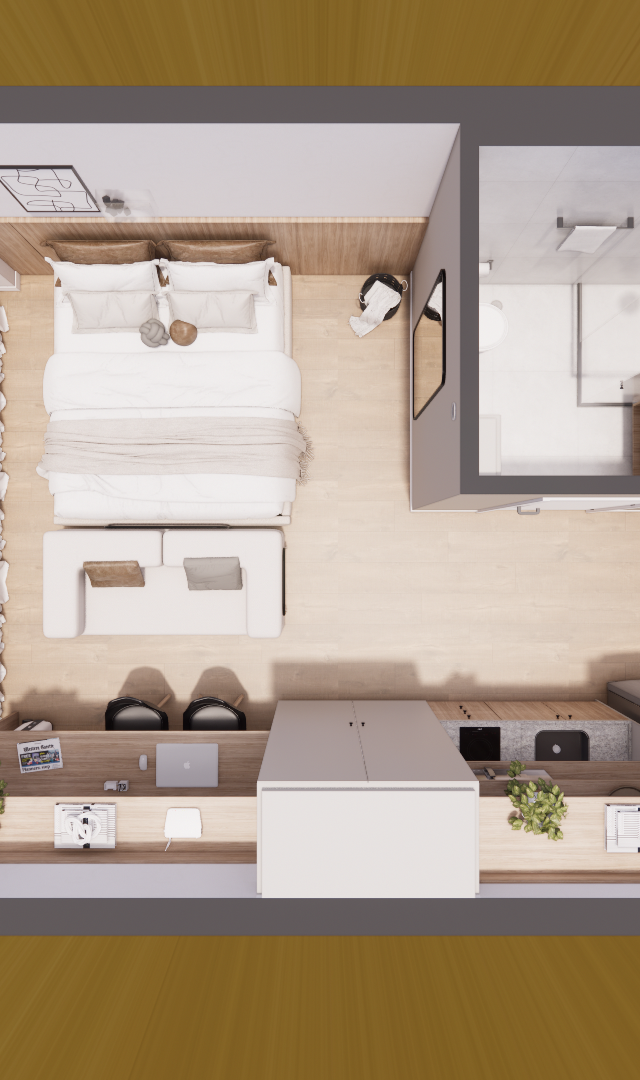 Planta baixa 3D de studio 26m² com marcenaria em madeira clara, cama, sofá, cozinha integrada e banheiro com tons neutros