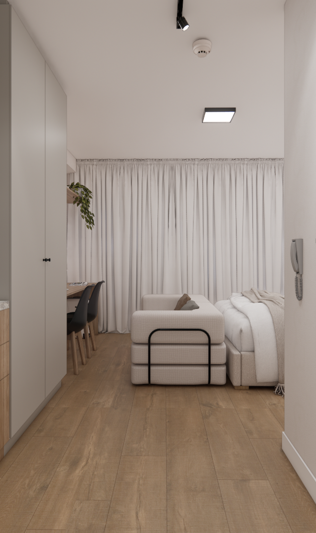 Render 3D de studio com cozinha linear em madeira e pedra clara, integrando área de estar e quarto com tons neutros