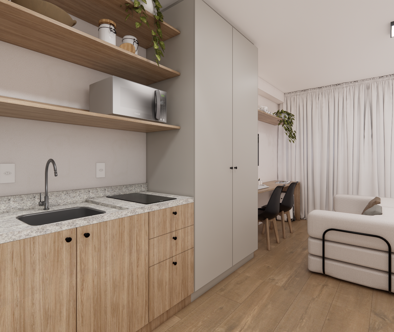 Render 3D de estúdio de 26m² com cozinha linear em madeira, bancada em granito, armário cinza, poltrona e cama em tons claros