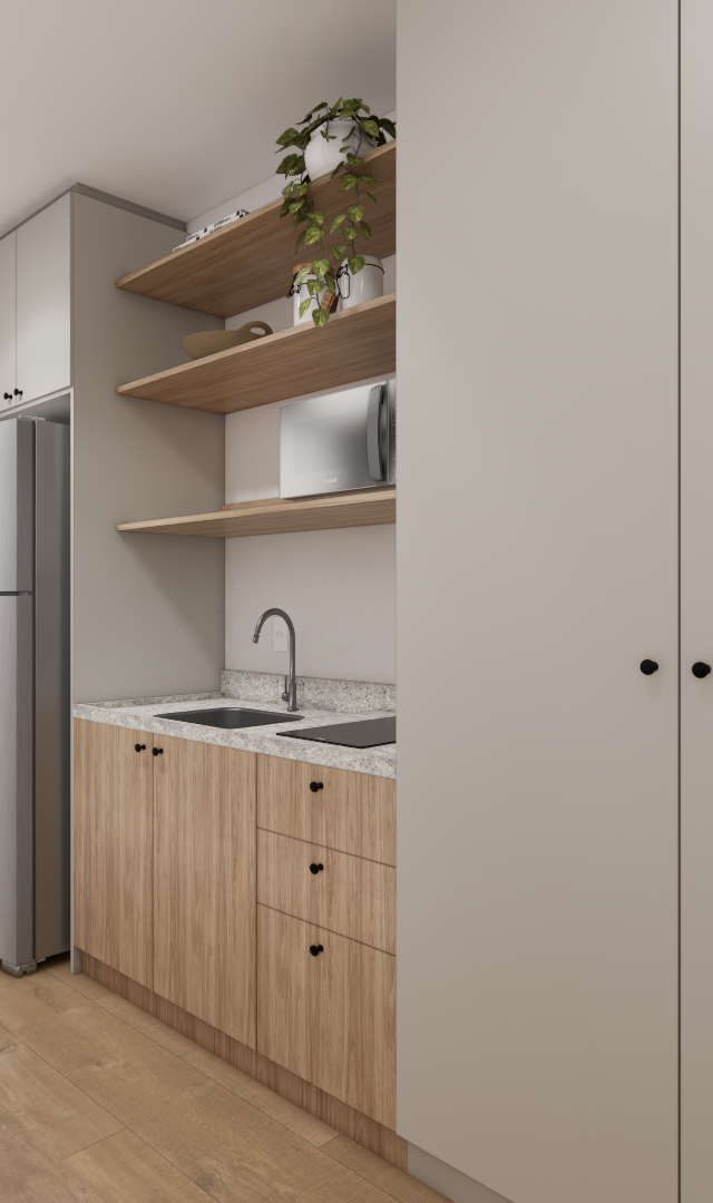 Render 3D de cozinha compacta com marcenaria em tons de bege e madeira, bancada em granito, geladeira inox e prateleiras