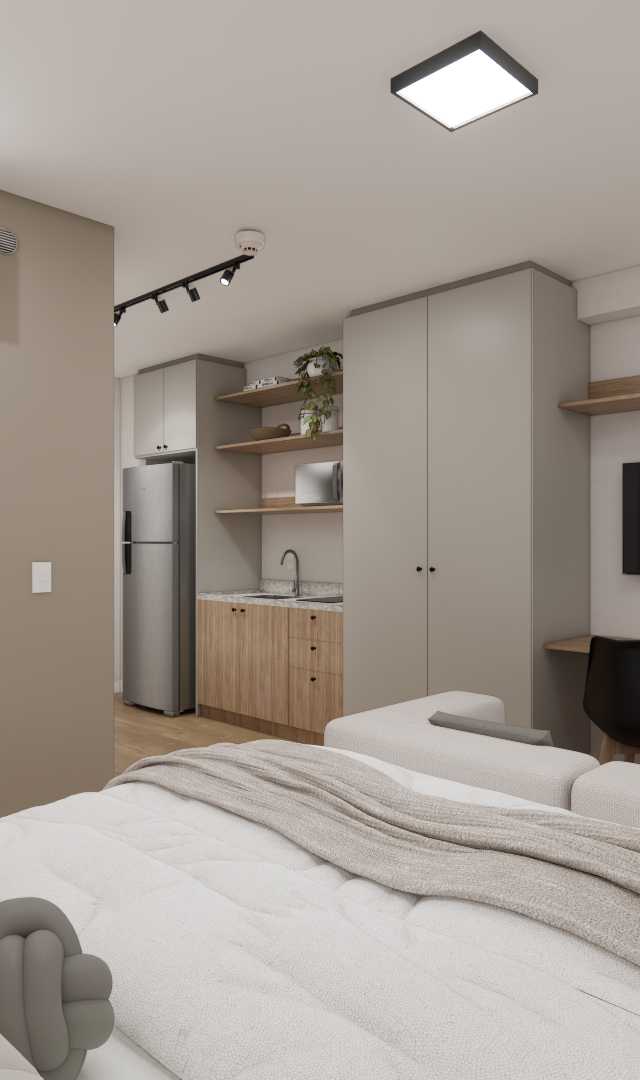 Render 3D de estúdio com 26 m², tons neutros, marcenaria em madeira e cinza, cama, bancada de trabalho e cozinha compacta