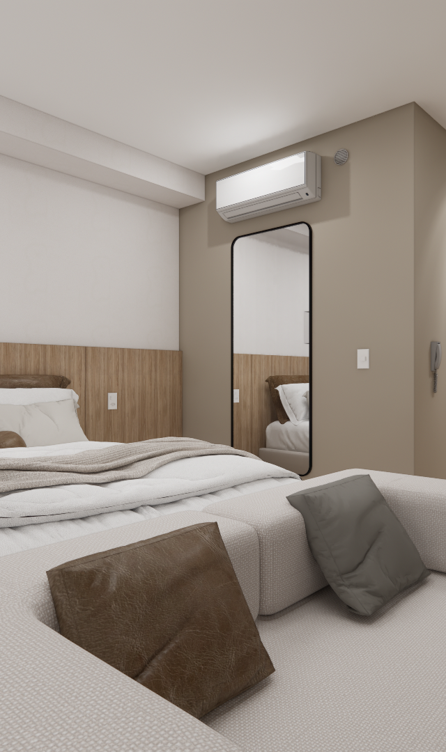Render 3D de estúdio com cama, sofá, painel de madeira, tons neutros, espelho vertical e iluminação por trilho técnico