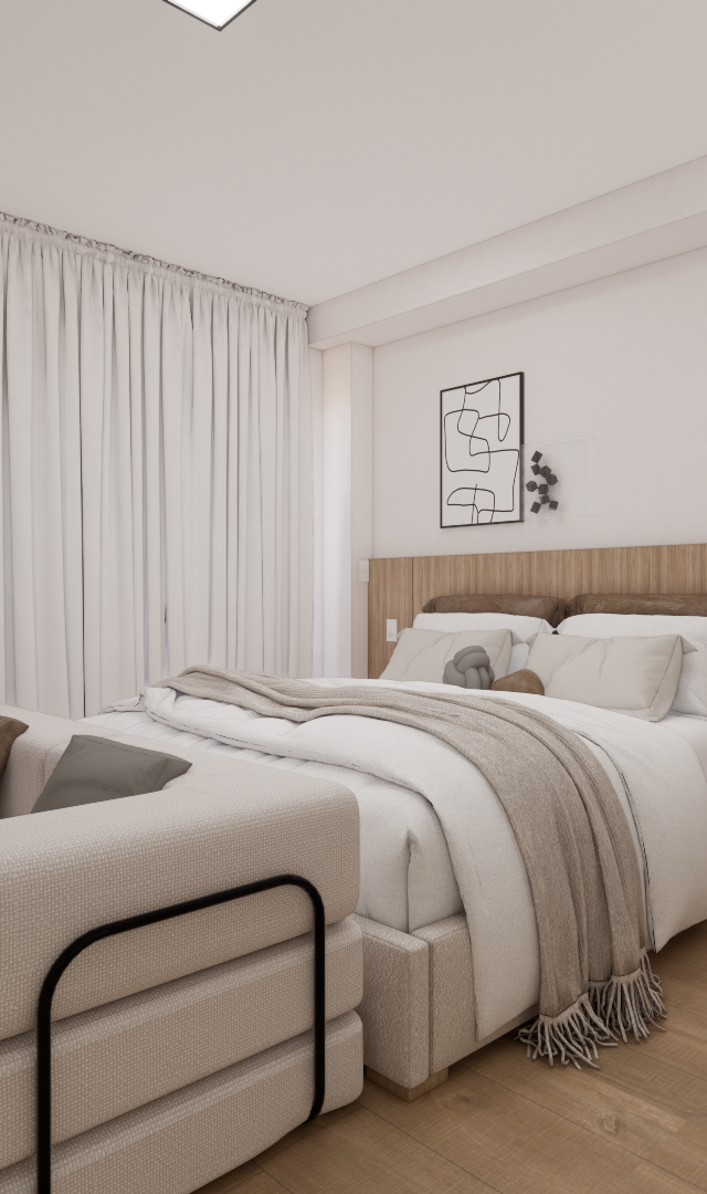 Render 3D de quarto com cama, sofá bege, cabeceira em madeira, cortinas brancas e tons neutros em studio de 26m²