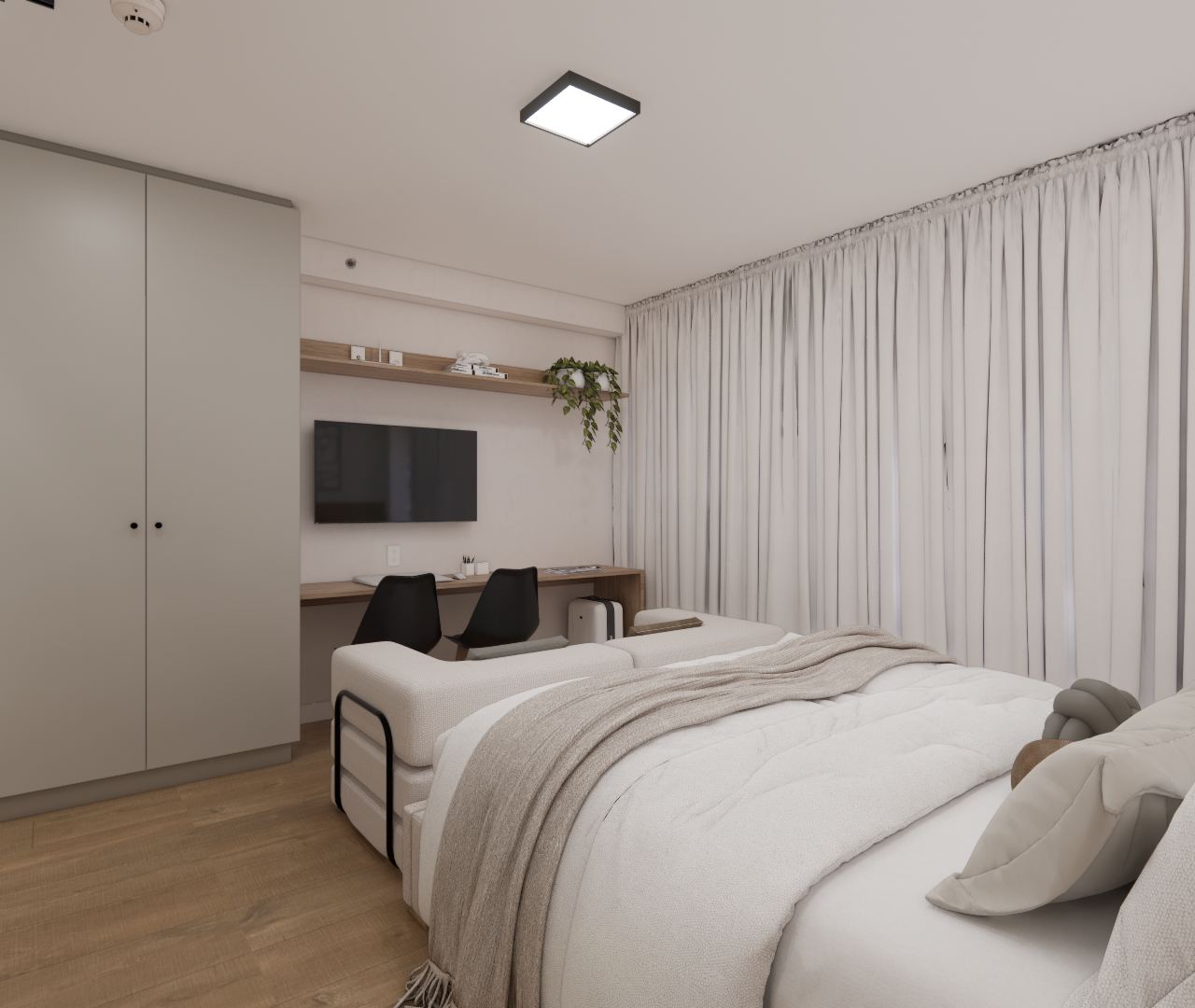 Render 3D de estúdio em tons claros com cama, sofá, marcenaria cinza, mesa de trabalho e cortinas longas brancas