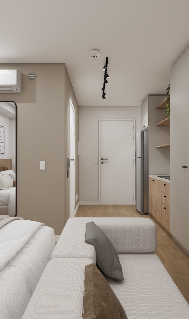 Render 3D de studio 26m² com tons neutros, cama, marcenaria em madeira e cinza, mesa de trabalho e iluminação em trilho