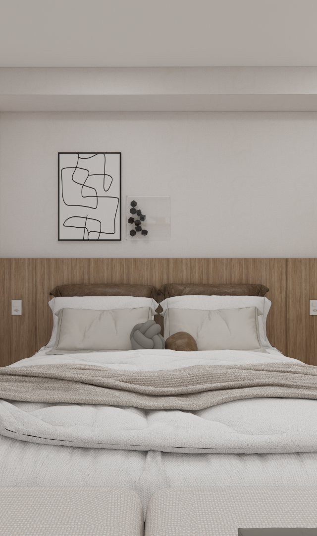 Render 3D de quarto com cama de casal, painel de madeira, espelho vertical, cortinas brancas e iluminação suave neutra