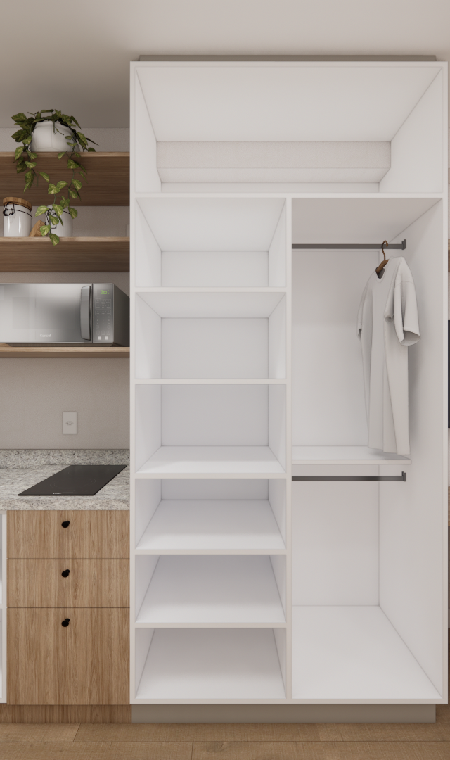 Render 3D de estúdio com marcenaria em madeira e branco, cozinha compacta, armário aberto, bancada e cadeiras pretas