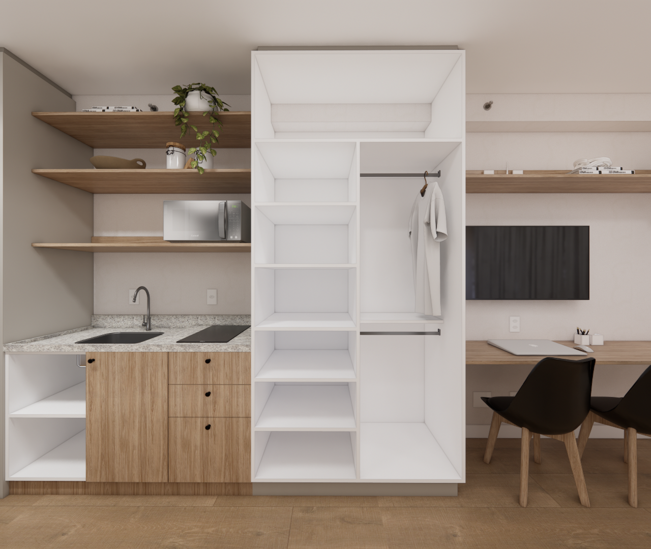 Render 3D de estúdio com marcenaria em madeira clara e branco, cozinha compacta, armário aberto, mesa de trabalho e plantas