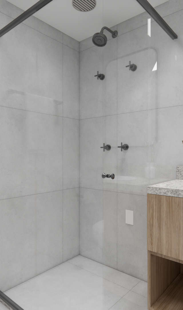 Render 3D de banheiro compacto cinza com box de vidro, metais pretos, gabinete de madeira e espelho com moldura preta