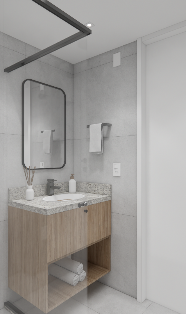 Render 3D de banheiro compacto com revestimento cinza, gabinete de madeira, metais pretos e espelho com moldura fina