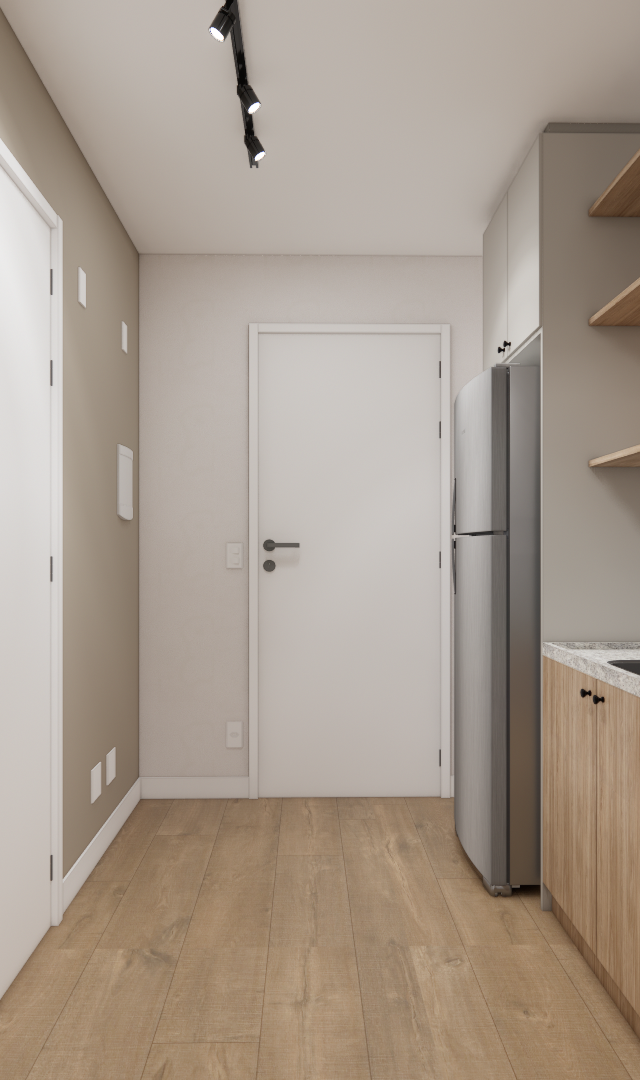 Render 3D de cozinha compacta em estúdio com armários em madeira clara, bancada em granito, prateleiras e iluminação técnica