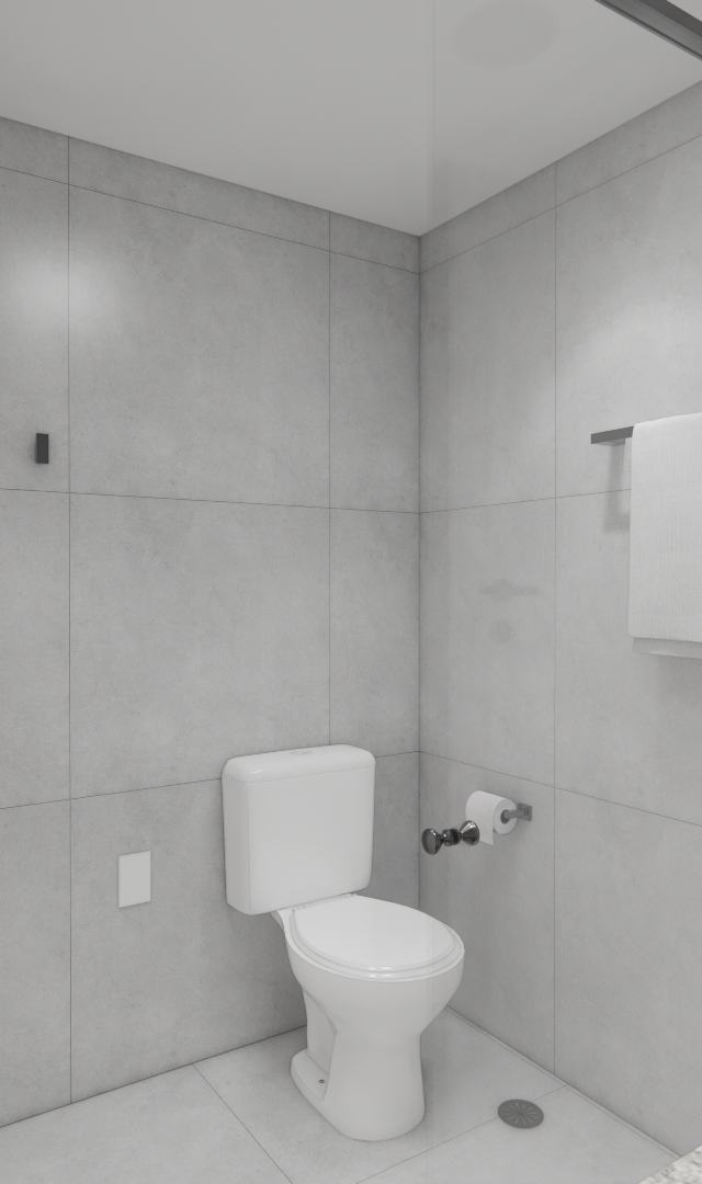 Render 3D de banheiro compacto com revestimentos cinza, vaso sanitário branco, marcenaria lisa e iluminação embutida
