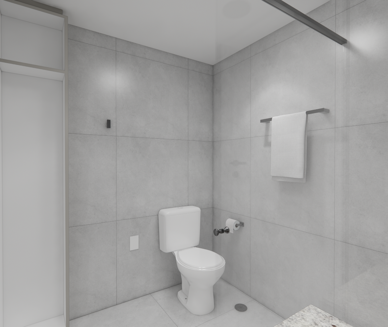 Render 3D de banheiro compacto com revestimento cinza, vaso sanitário branco, nicho de marcenaria e iluminação embutida